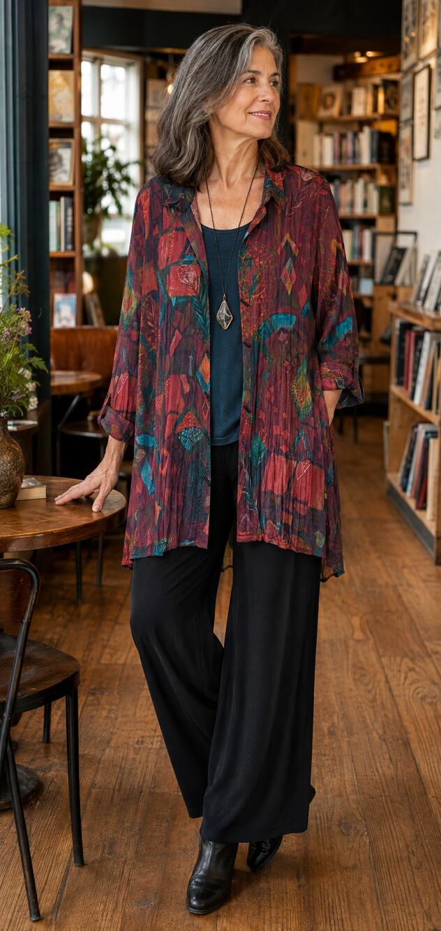 Ali Miles XL Artsy Abstract Crinkle Tunic Blouse Wire Collar Lagenlook Sheer